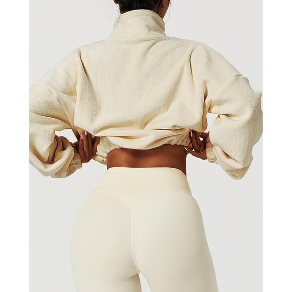 Women's Ivory Zip Fleece Warm Winter Long Sleeve Stand Collar Sherpa Jacket - Picture 2 of 6